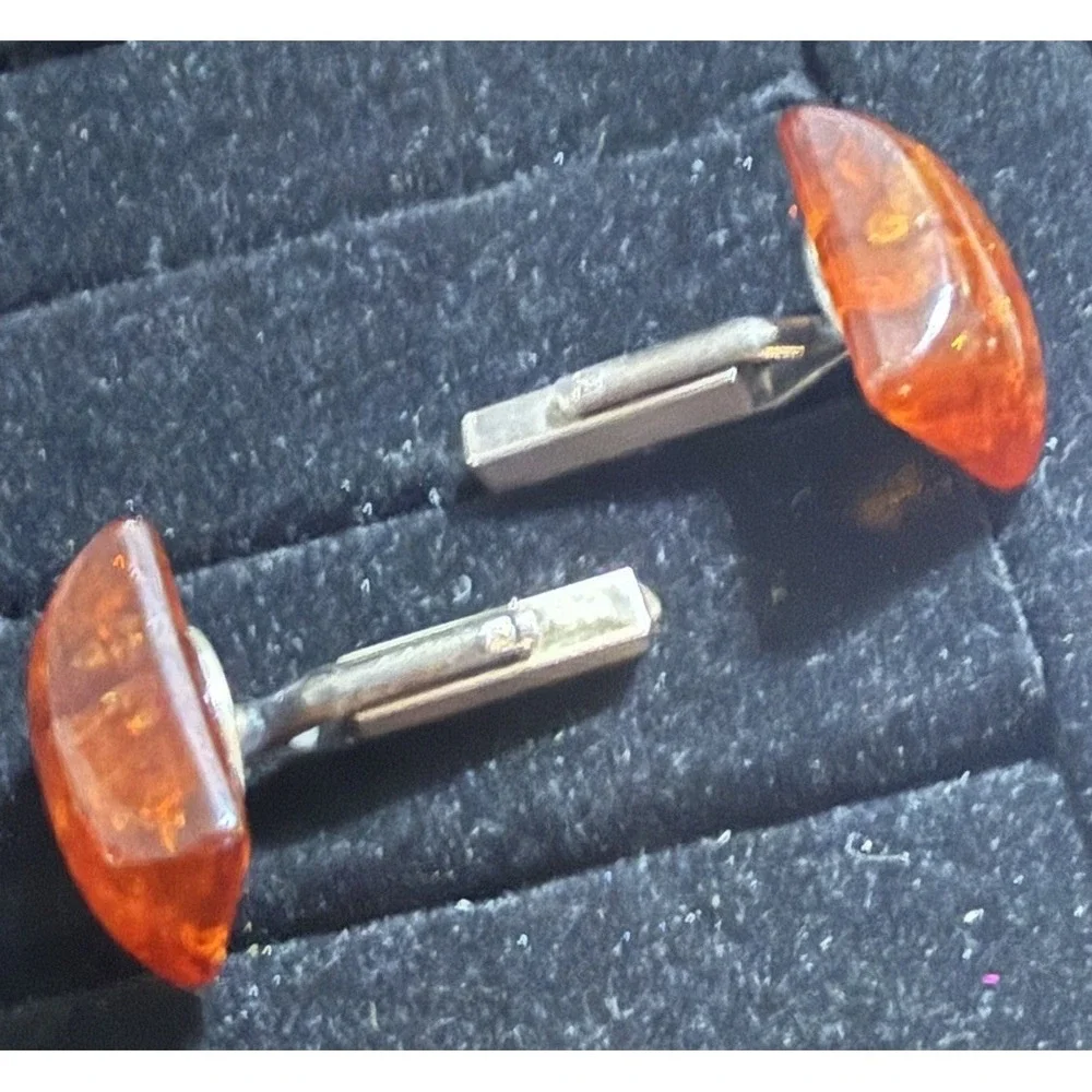 Vintage Cufflinks CUFF LINKS Large Baltic Amber Marked 835